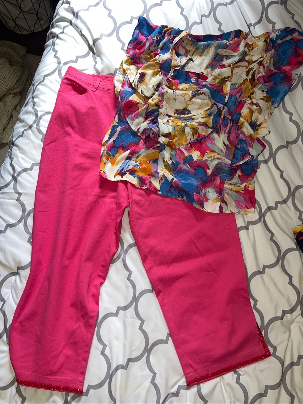 The Quaker Factory Hot Pink Pants with Sequin Trim Top to match